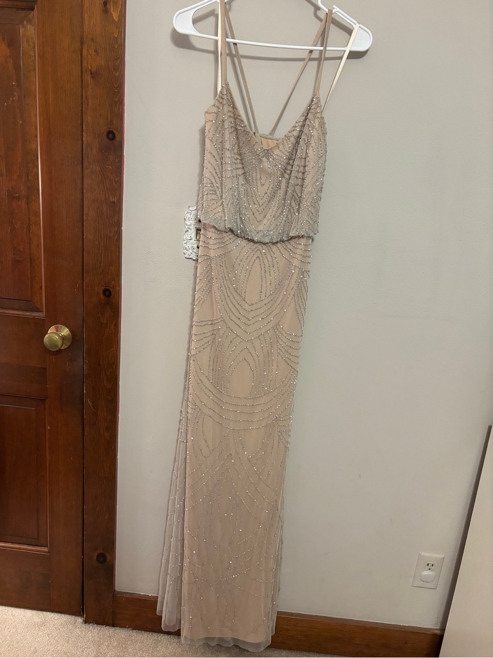 Adrianna Papell Champagne Beaded Spaghetti-Strap Gown
